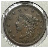 1839 Coronet Head Large Cent Beaded Cords XF