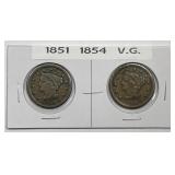 1851 & 1854 Braided Hair Large Cent Pair Very Good