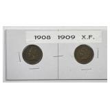 1908 & 1909 Indian Head Cent Pair Extra Fine XF
