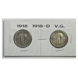 1918 P & D Standing Liberty Silver Quarter Pair VG