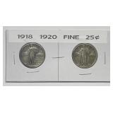 1918 & 1920 Standing Liberty Silver Quarter Pair F