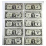 Lot of 10 One Dollar $1 Silver Certificates