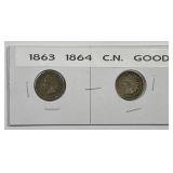 1863 & 1864 Indian Head Cent Copper-Nickel Pair
