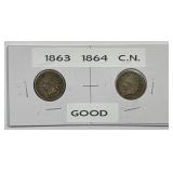 1863 & 1864 Indian Head Cent Copper-Nickel Pair