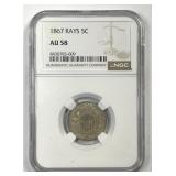 1867 Shield Nickel w/RAYS Choice AU NGC AU58