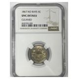 1867 Shield Nickel NO /RAYS NGC UNC details
