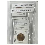 Lot of 15 Different Dated Lincoln Wheat Cents BU
