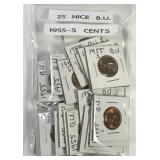 1955-S Lincoln Cent Lot of 25 Uncirculated BU
