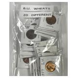 Lot of 20 Different Dated Lincoln Wheat Cents BU