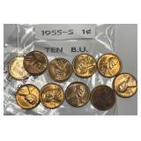 1955-S Lincoln Cent Lot of Ten Uncirculated BU