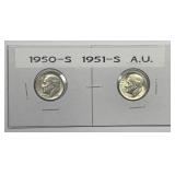 1950-S & 1951-S Roosevelt Silver Dime Pair AU