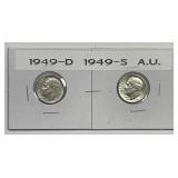 1949 D & S Roosevelt Silver Dime Pair AU