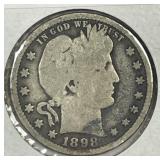 1898-O Barber Silver Quarter Good G