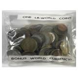WORLD: One Pound of Foreign Coins + Note