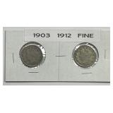 1903 & 1912 Liberty Head V Nickel Pair Fine F