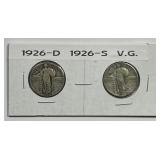 1926 D & S Standing Liberty Silver Quarter Pair VG