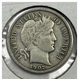 1907 Barber Silver Dime Extra Fine XF