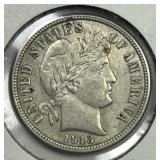 1913 Barber Silver Dime About Uncirculated AU