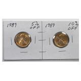 1989 Lincoln Cent Pair 5% & 10% Off Center ERRORS