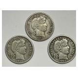 1911-D 1913 1914-D Barber Silver Dime Trio Fine F