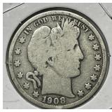 1908-D Barber Silver Half Good G+