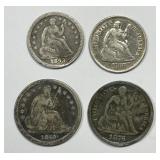 Lot of 4 Seated Liberty Coinage Half Dimes & Dimes