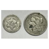 1852 Silver & 1865 Nickel Three Cent Type Pair
