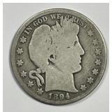 1894 Barber Silver Half About Good AG