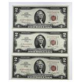 Trio of 3 1963 $2 Red Seal US Notes AA Block CU