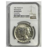 1921 Peace Silver $1 High Relief NGC AU details