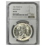 1921 Peace Silver $1 High Relief NGC AU58
