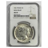 1921 Peace Silver $1 High Relief NGC AU55
