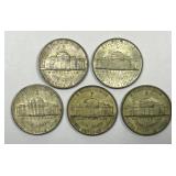 5 Different Jefferson War Time Silver Nickels AU
