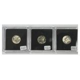 1942 P D S Mercury Silver Dime Trio Uncirculated