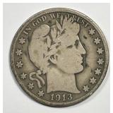 1913-S Barber Silver Half Good G+