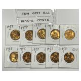 Ten 1955-S Lincoln Wheat Cents Uncirculated BU