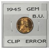 1945 Lincoln Wheat Cent Clip ERROR BU