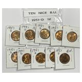 Ten 1951-D Lincoln Wheat Cents Uncirculated BU