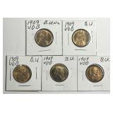Five 1909 VDB Lincoln Cents Uncirculated BU