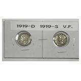 1919 D & S Mercury Silver Dime Pair VF