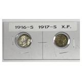 1916-S & 1917-S Mercury Silver Dime Pair XF