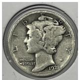 1921 Mercury Silver Dime Key Date Very Good VG