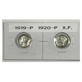 1919 & 1920 Mercury Silver Dime Pair VF