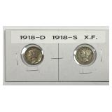 1918 D & S Mercury Silver Dime Pair XF