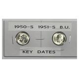 1950-S & 1951-S Roosevelt Dime Key Date Pair BU