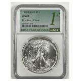 1986 Silver American Eagle 1st Year NGC MS69