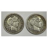 1912-S & 1916-S Barber Silver Dime Pair Very Good
