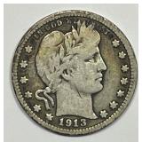 1913 Barber Silver Quarter Very Good VG