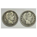 1907 & 1910 Barber Silver Quarter Pair Very Good
