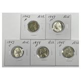 5 Different Silver Jefferson Nickels AU